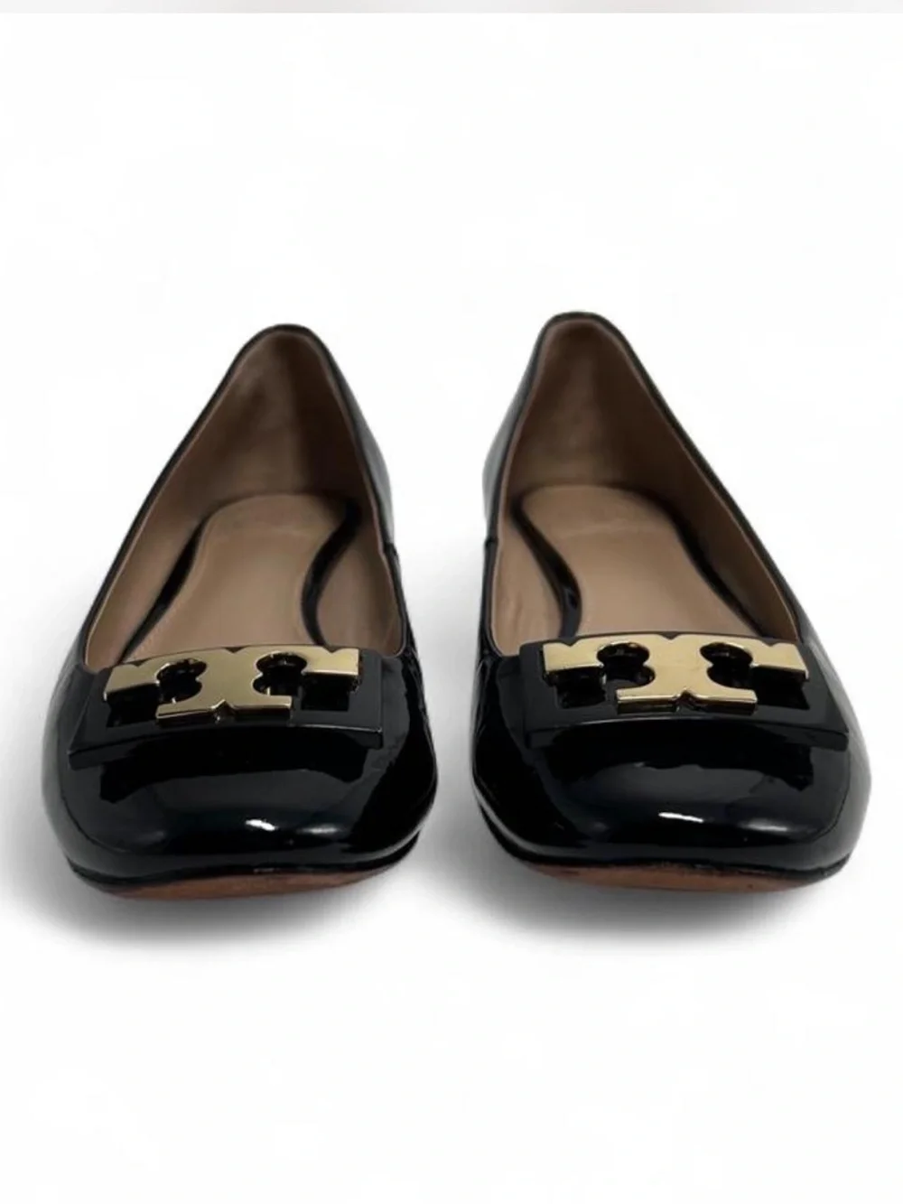 Tory Burch Gigi Pumps, glossy black patent leather, classic round toe, 
